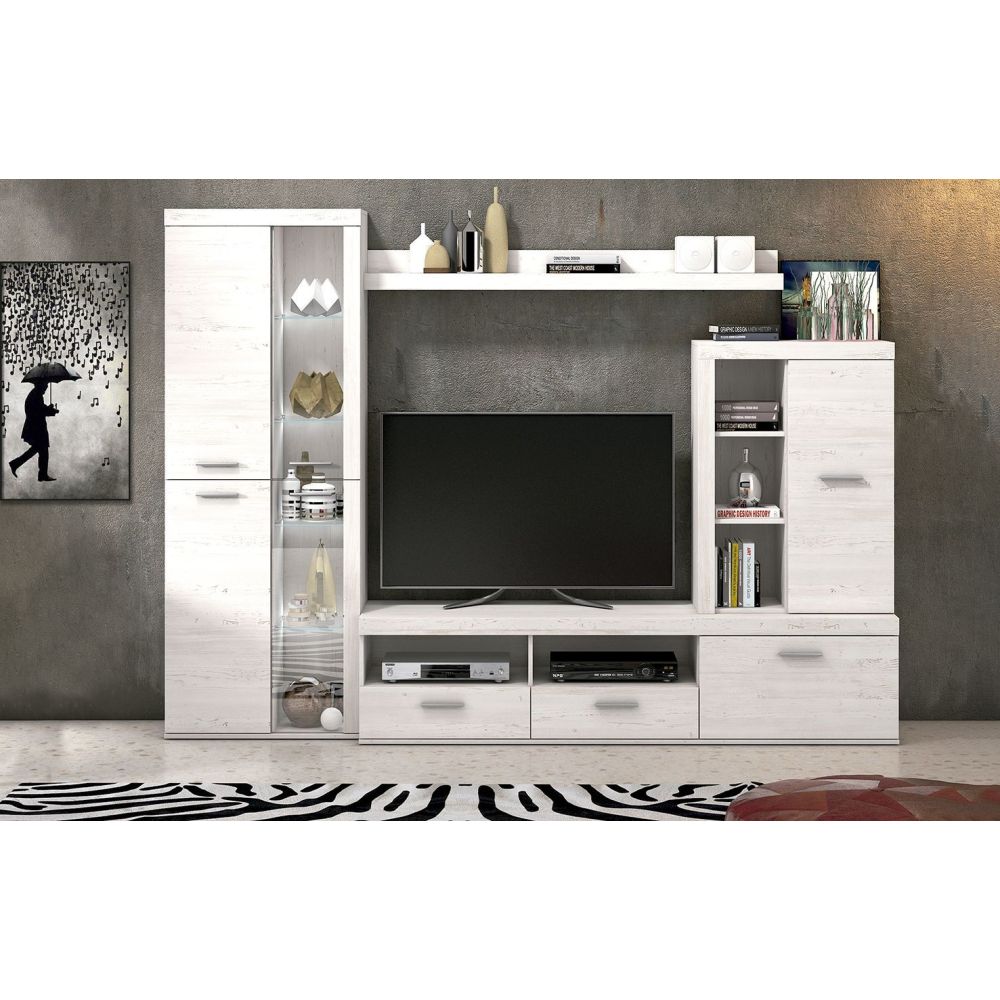 Mueble de Salón Moderno con Leds,Acabado en Andersen Pino, Medidas: 260 cm (An) x 191 cm (Al) 47,5 cm (Fon) Meyvaser