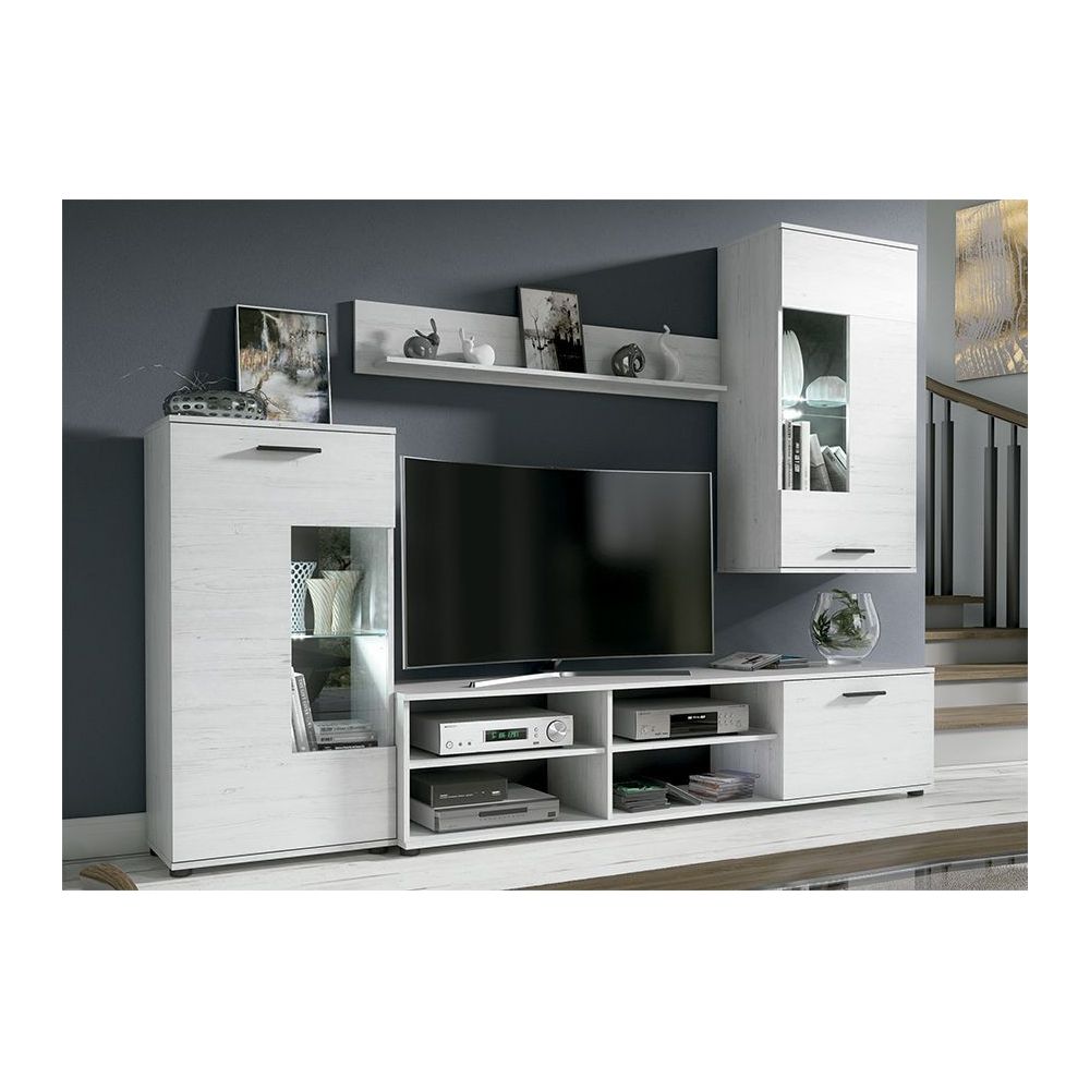Mueble de Salón Moderno con Leds, Acabado en Andersen, Medidas: 229 cm (An) x 200 cm (Al) 38 cm (Fon) - Meyvaser