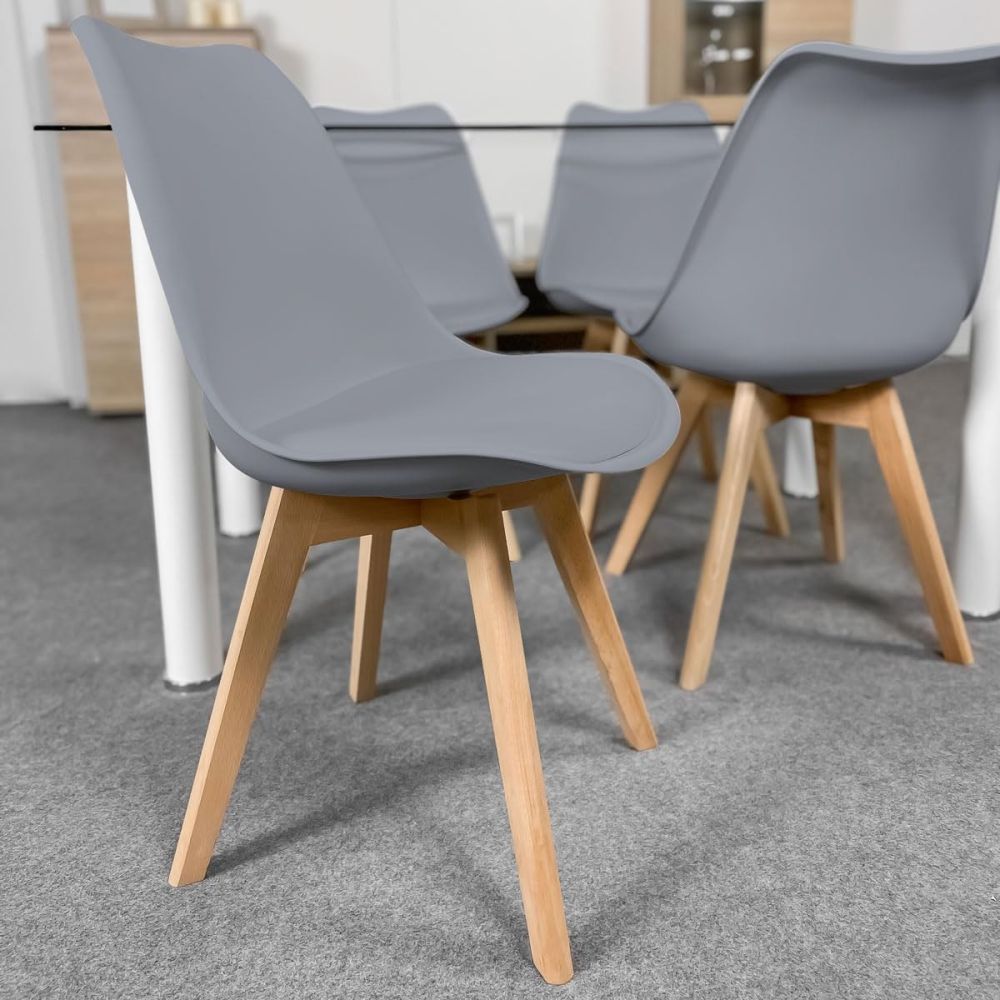 Pack de 4 Sillas para Comedor, Cocina o Salón – Simil Piel Gris y Madera, Medidas: 48 cm x 45 cm x 84 cm.